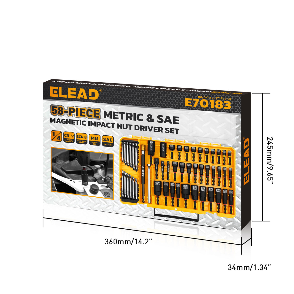 58-piece magnetic impact nut driver set with SAE and metric sizes, CR-V steel nut drivers, extensions, mini wrench set and magnetic pickup tool