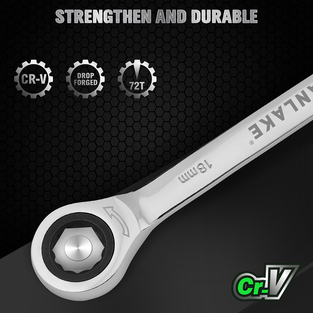 12-piece metric ratcheting combination wrench set with 72-tooth box end and magnetic storage holder