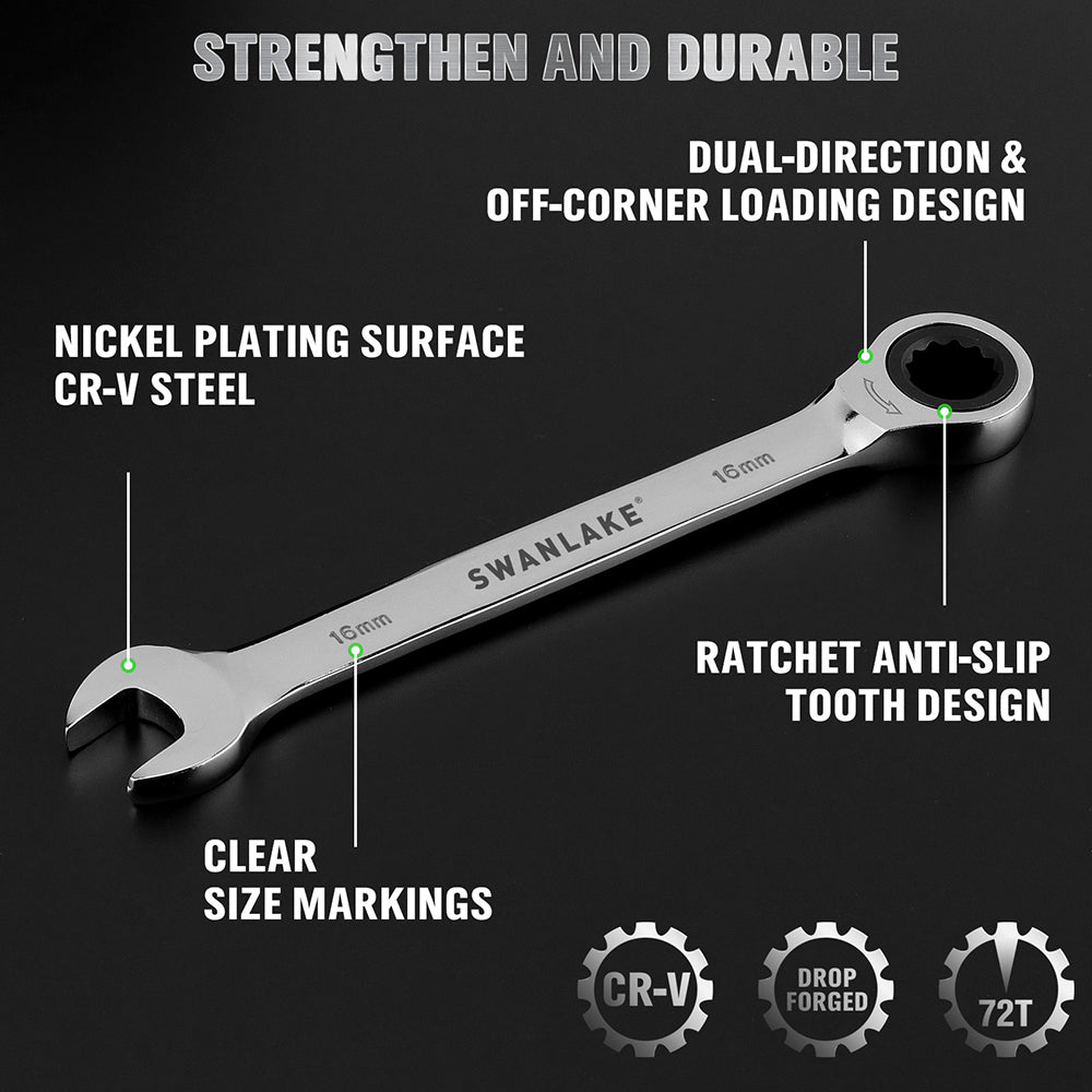 12-piece metric ratcheting combination wrench set with 72-tooth box end and magnetic storage holder