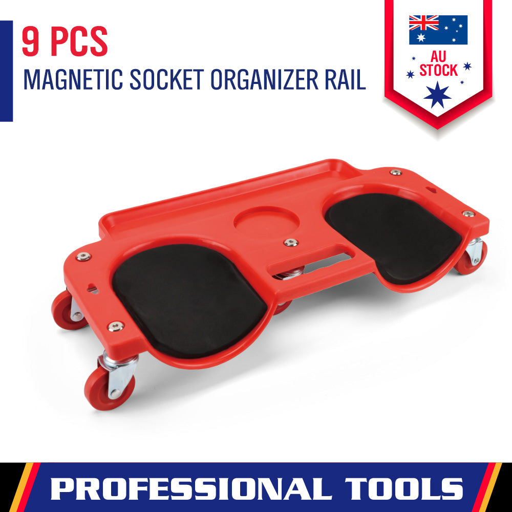 Rolling magnetic creeper seat with cushioned pads, tool organizer tray, and 360° swivel wheels for comfortable garage and workshop use.