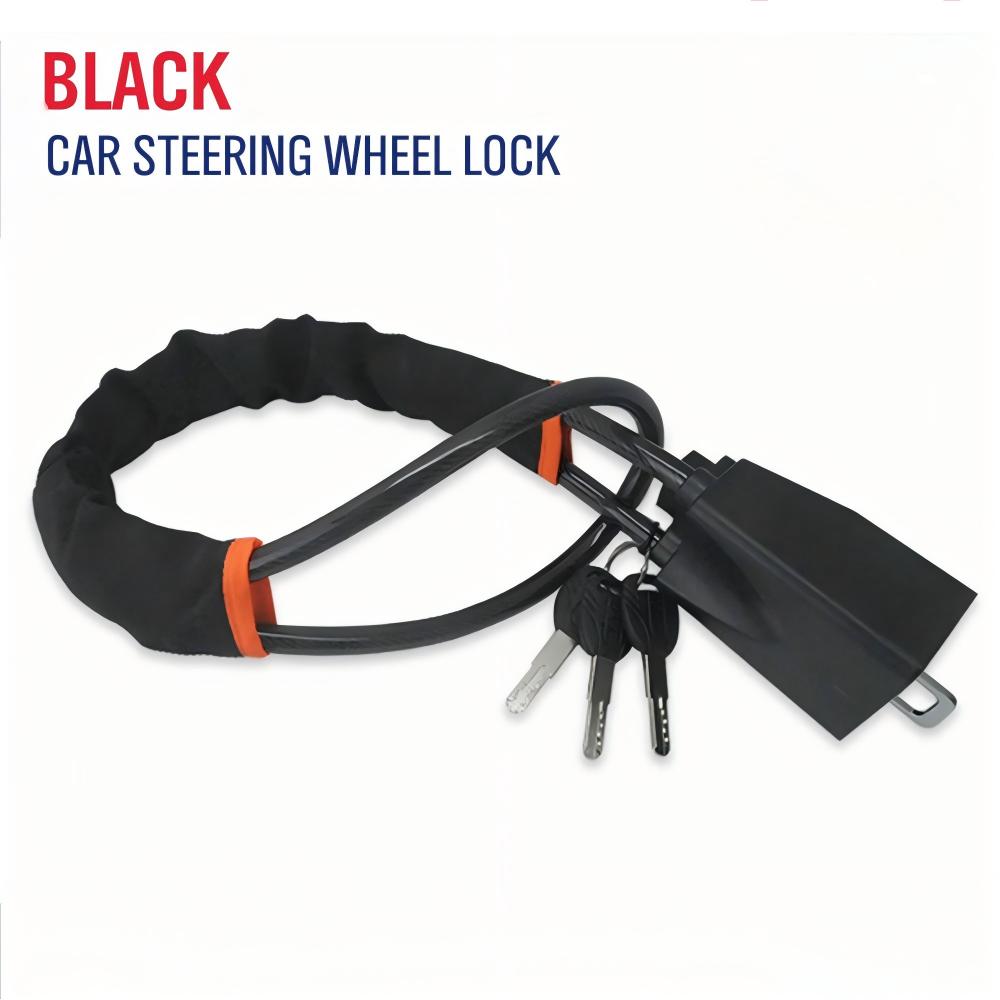 car steering wheel lock anti-theft device with flexible locking cable, covered steering wheel loop, keyed lock body and multiple color options including black, orange, blackish orange and red