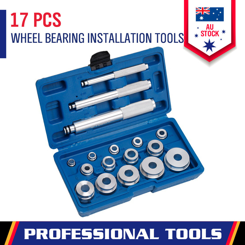 SEDY 17-piece wheel bearing installation tool kit with aluminum driver handles and multi-size bearing discs in blue storage case for car repair