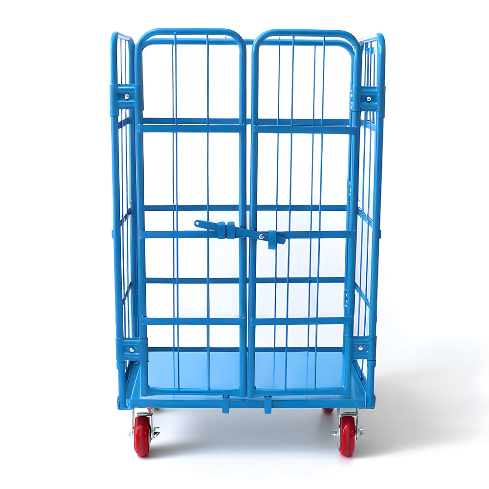 Blue heavy duty double-door logistics trolley cage with lockable swivel rubber wheels for warehouse storage and transport