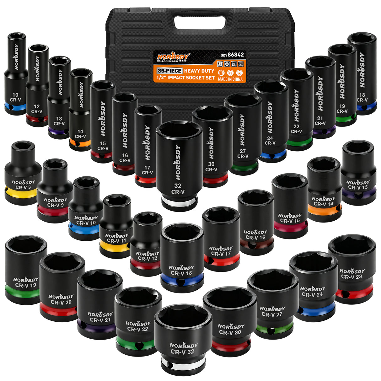 35-piece 1/2-inch drive metric impact socket set with 8-32mm CR-V 6-point deep and shallow sockets and carry case