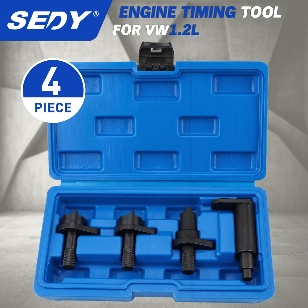 4-piece engine timing tool kit for VW 1.2L engines with camshaft locking spacers and crankshaft thrust tool in storage case for timing chain service