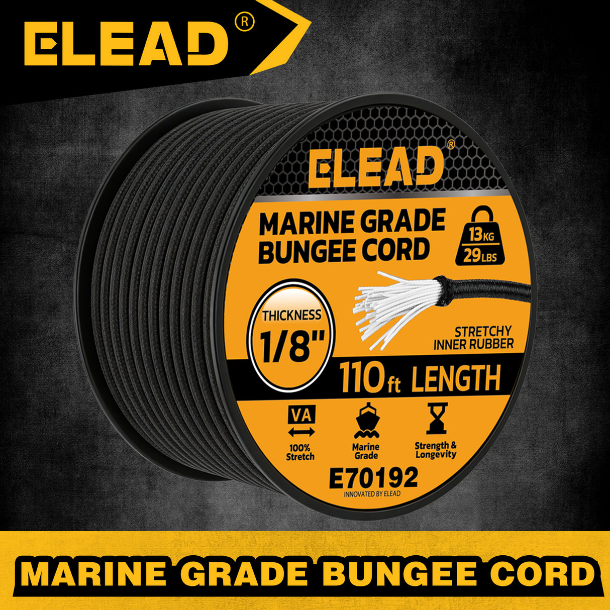 1/8 inch x 110ft marine grade black bungee cord roll with 3mm diameter, stretch rubber core, braided outer cover, 29 lbs load capacity and outdoor tie-down use