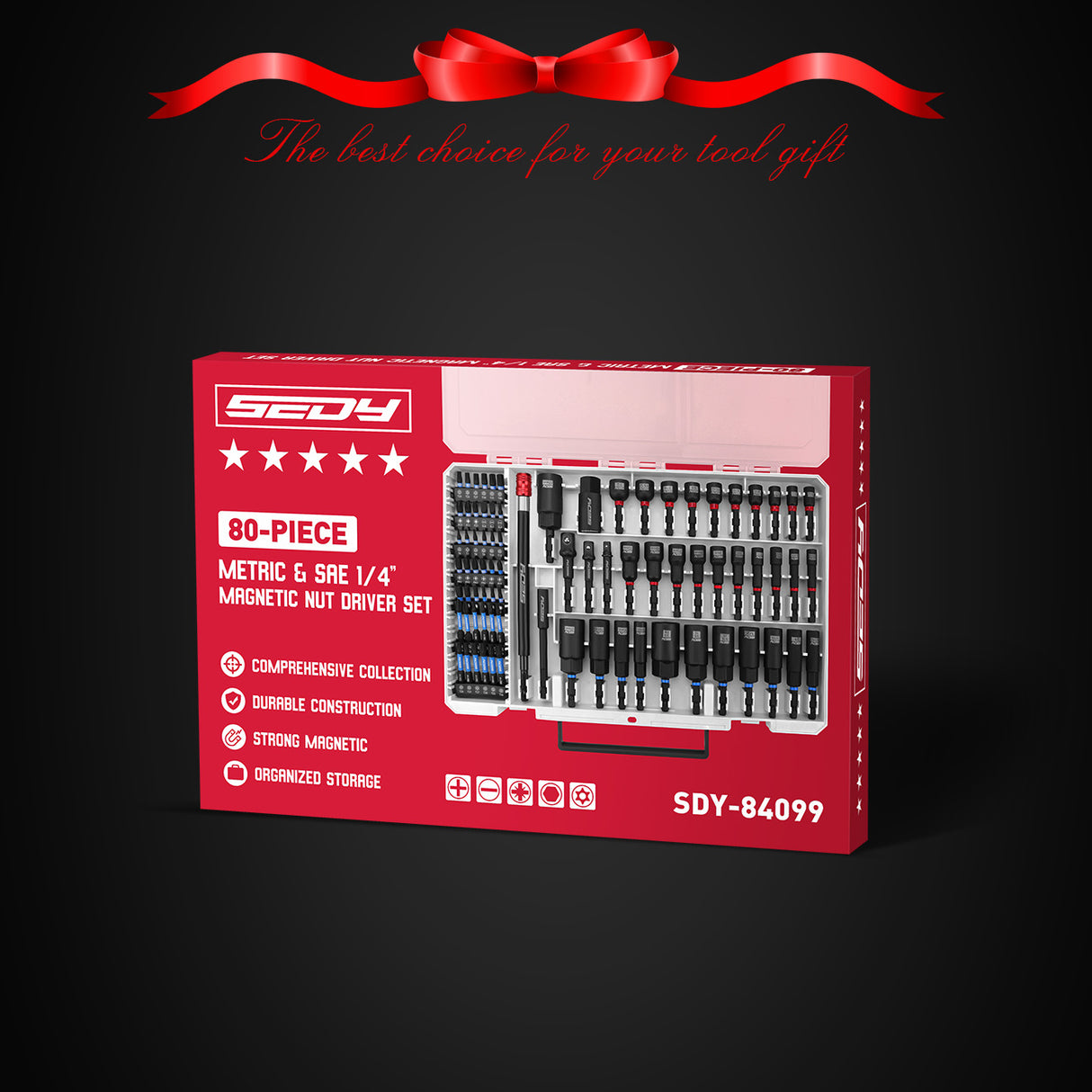 SEDY 80-piece magnetic nut driver bit set with SAE and metric sizes in storage case