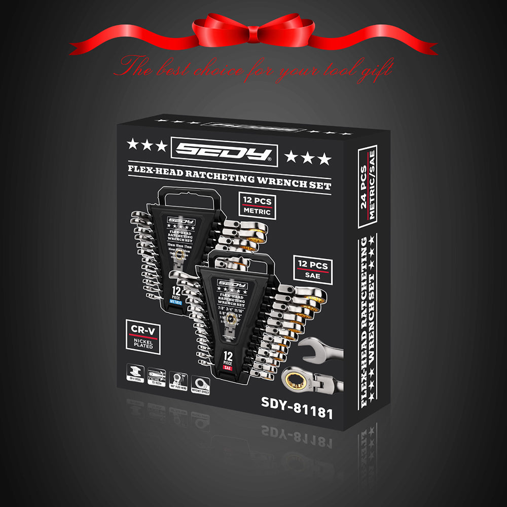 SEDY 24-Piece Flex Head Ratcheting Wrench Set, SAE & Metric, 72-Tooth CR-V Spanners with Magnetic Storage Tray