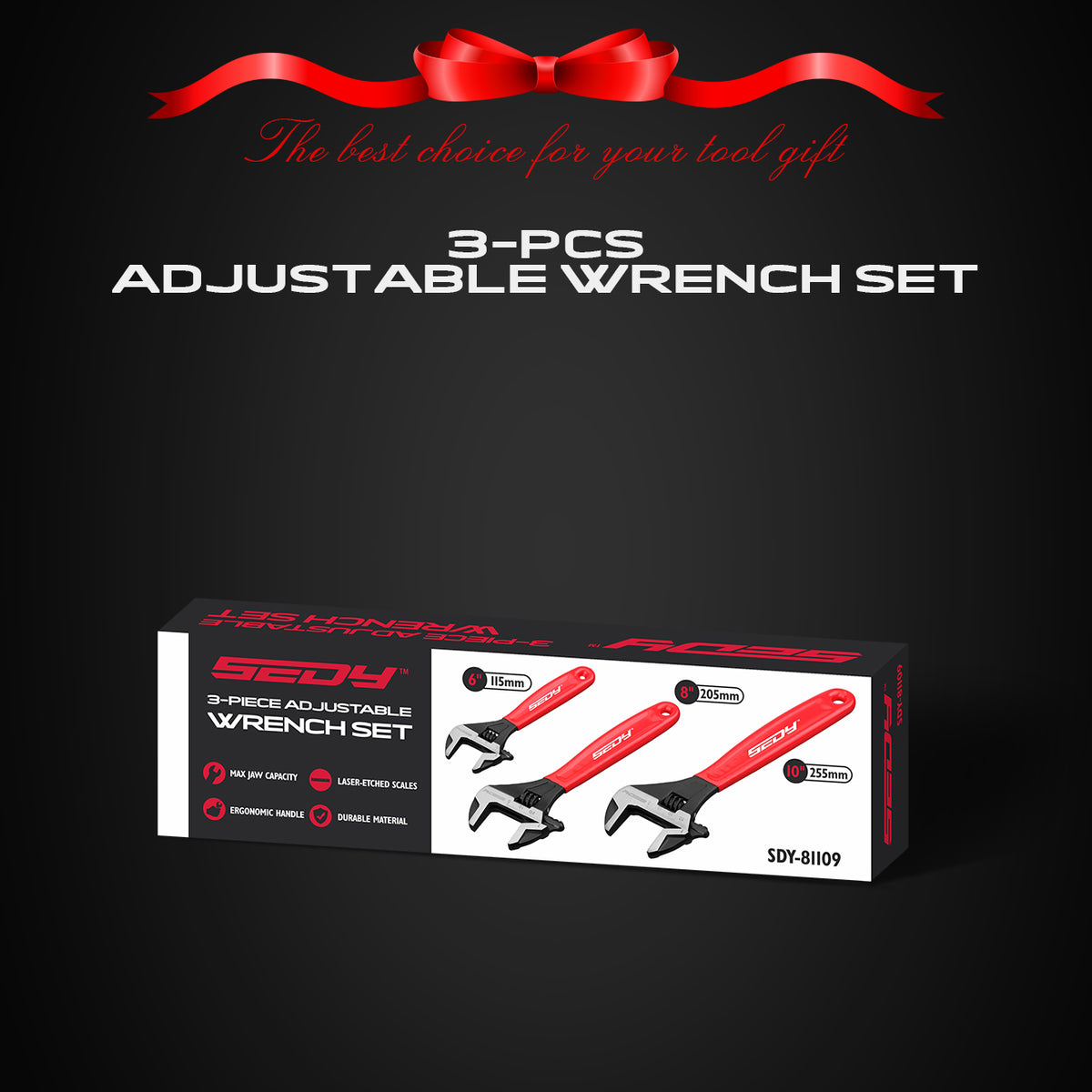 3-piece adjustable wrench set with 6, 8 and 10 inch wide jaw CR-V steel crescent wrenches, metric and SAE scales, red comfort handles