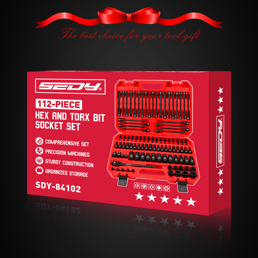 112PCS hex and Torx bit socket set with long-reach bits and 3/8 inch ratchet in red storage case