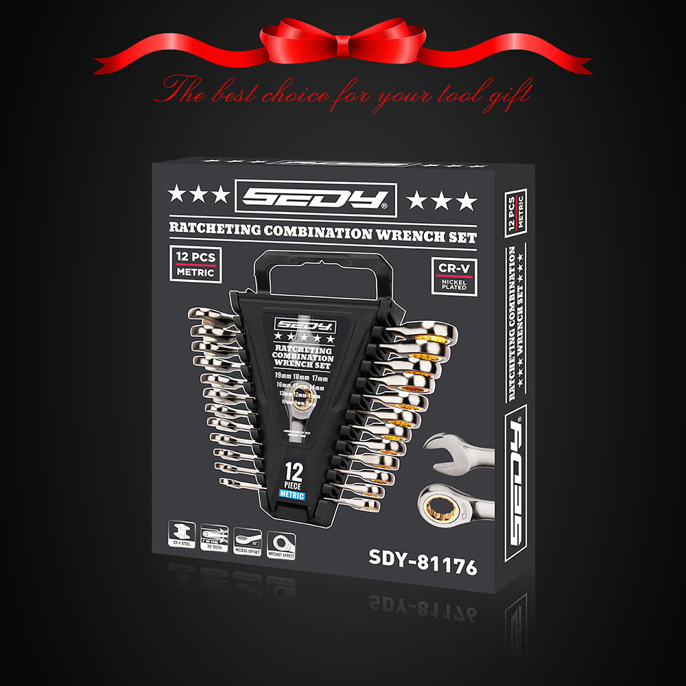 12-piece metric ratcheting wrench set with CR-V steel, 72-tooth design and magnetic storage rack