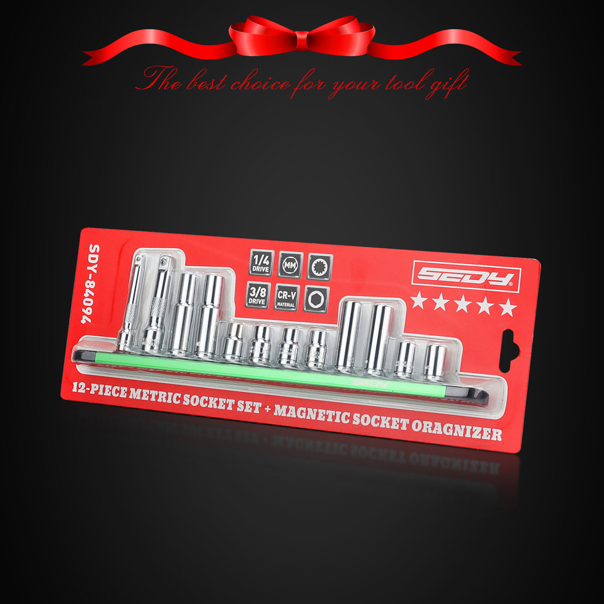 SEDY 12-piece metric socket set with magnetic green organizer rail, including deep and shallow CR-V sockets and 2 extension bars for automotive repair