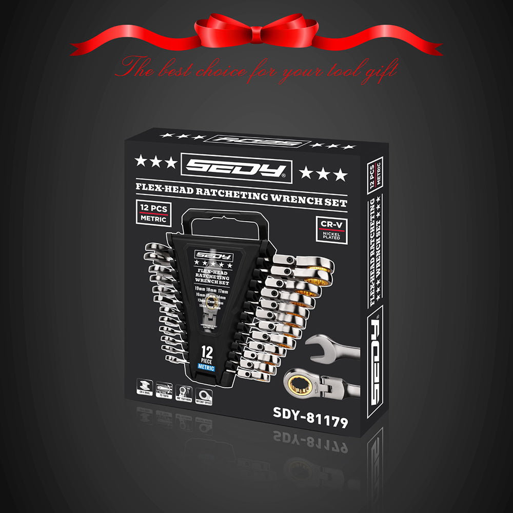 SEDY 12-piece SAE ratcheting wrench set with CR-V steel, 72-tooth mechanism and magnetic storage rack