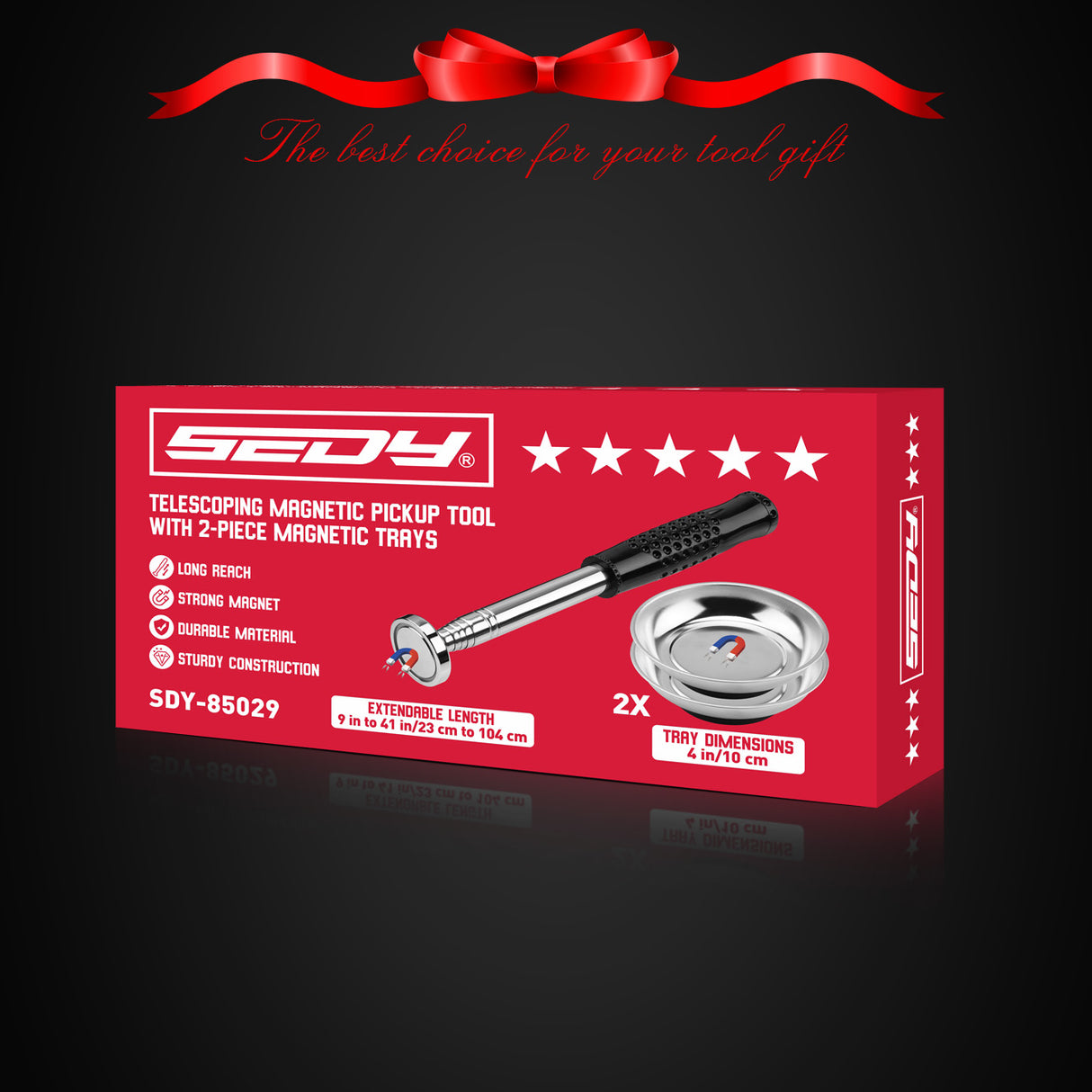 SEDY telescoping magnetic pickup tool with 50 lbs lifting capacity and two 4-inch stainless steel magnetic trays for tool and parts storage