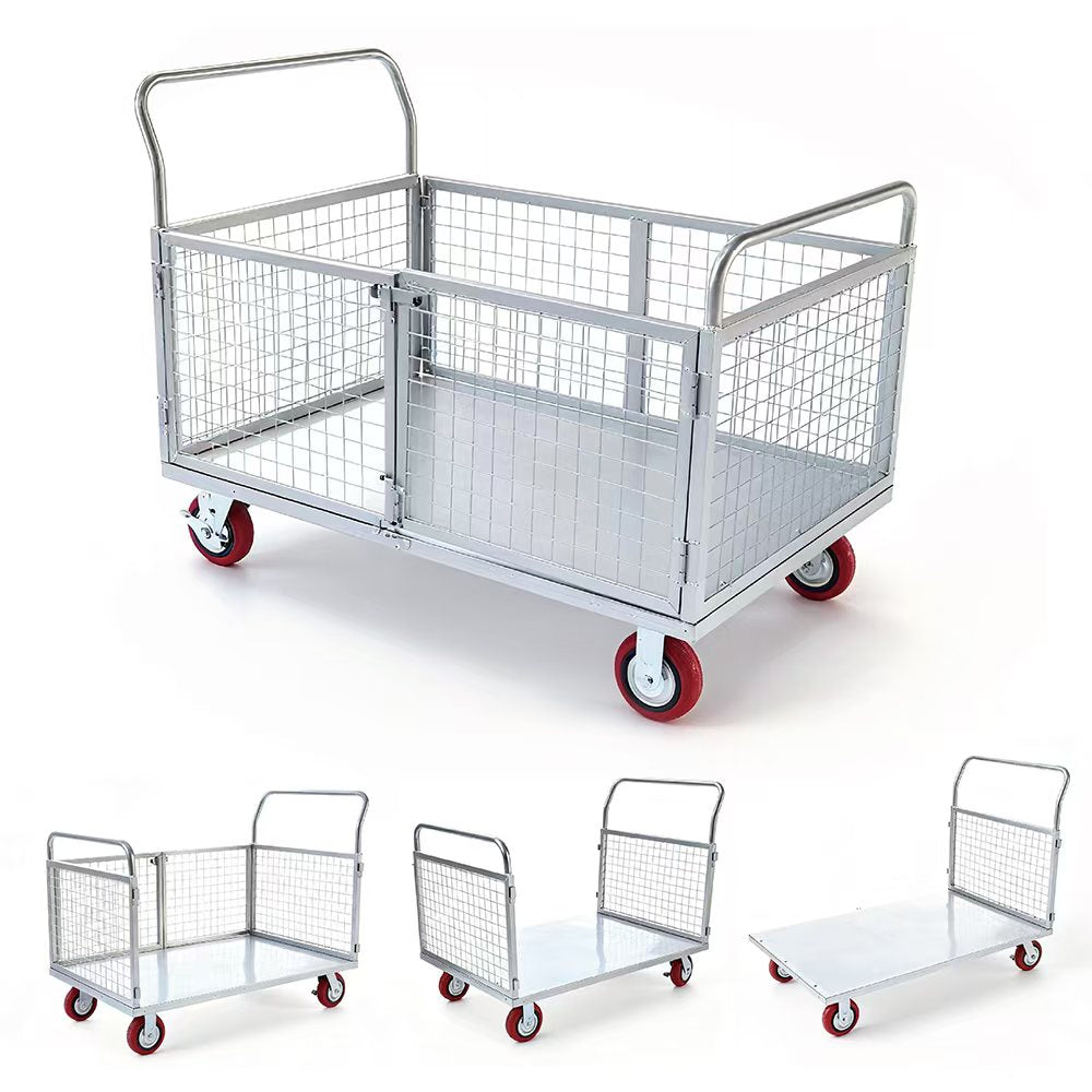 4-in-1 foldable blue caged platform trolley, 450kg load, heavy-duty steel cart with braked castors, flatbed warehouse and workshop cart AU