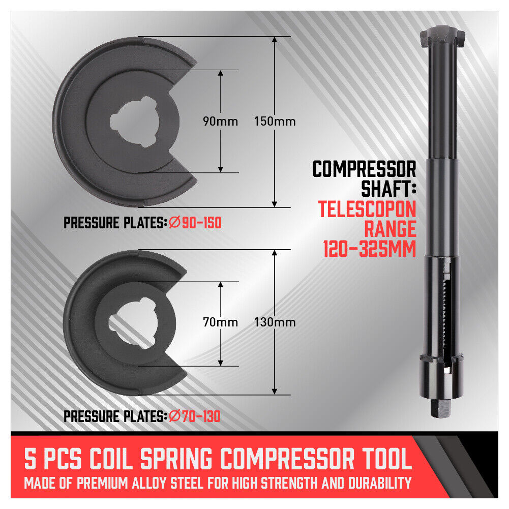 Coil Spring Compressor Tool specifically designed for Mercedes Benz and compatible with a wide range of modern vehicles. This tool efficiently removes and replaces coil springs on the wishbone without dismantling the axle. Made of durable alloy steel, it's perfect for suspension work on various car brands, including Ford, Fiat, GM, and more, with plates sizing from Ø70-130 and Ø90-150.