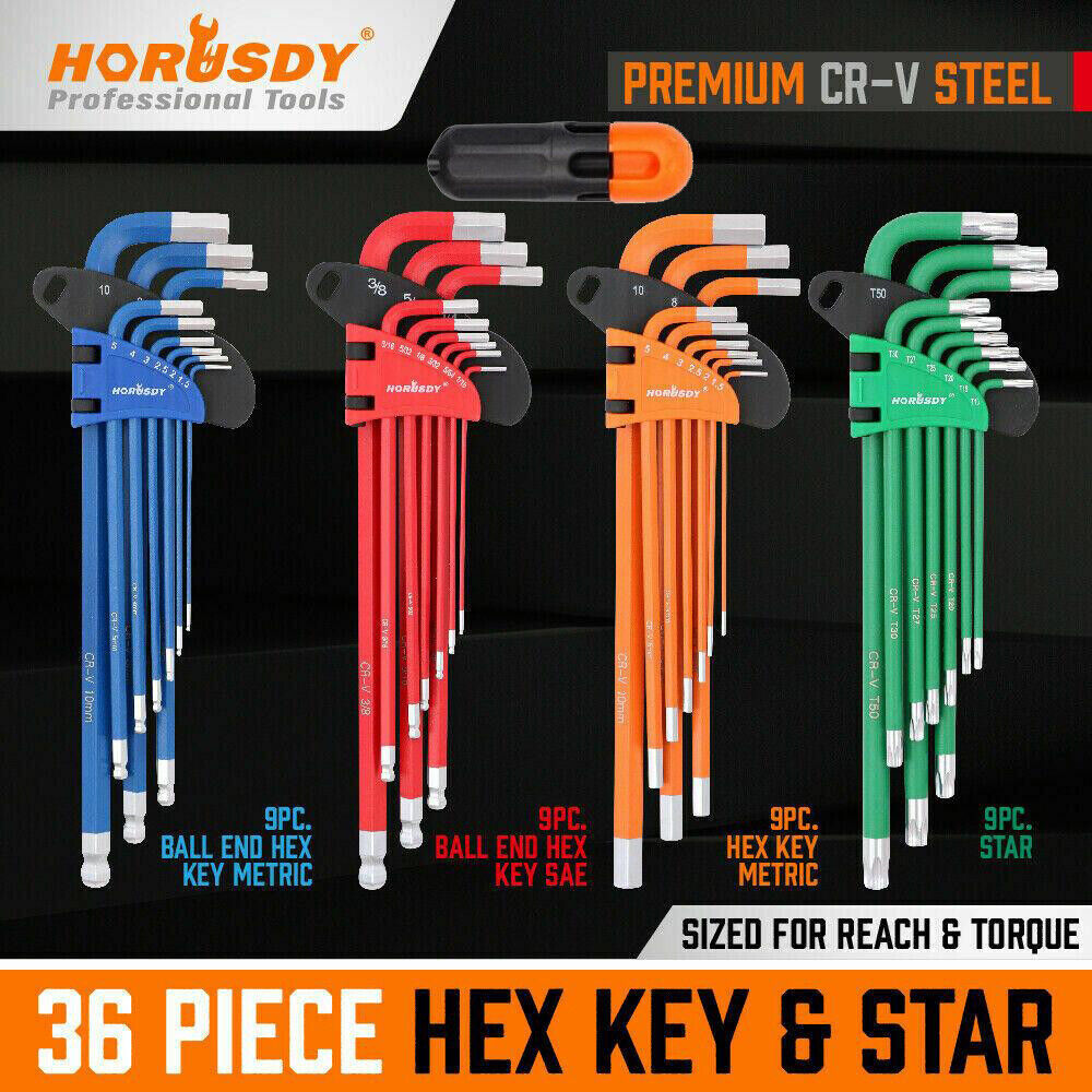 HORUSDY 36Pc Hex Key and Torx Key Set, Extra Long Allen Wrenches with Ball End, Metric and SAE with Slip-Resistant Grip