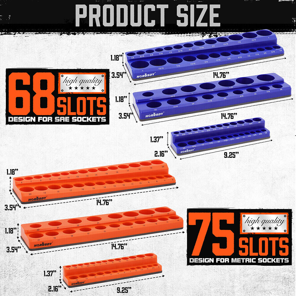 6-piece magnetic socket organizer set with orange and blue holders for SAE and metric sockets