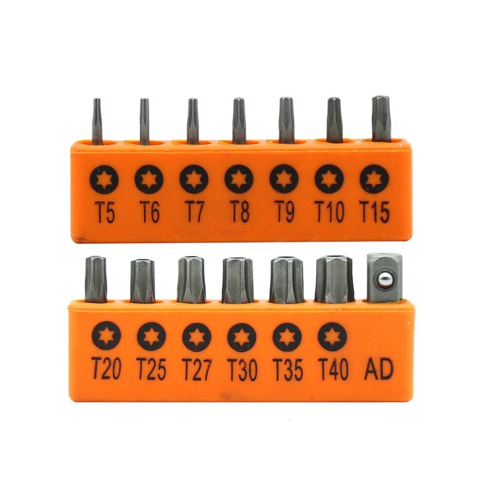Durable 14-Piece Torx Key Bit Set Ranging from T5 to T40 with Drill Adapter and Holders