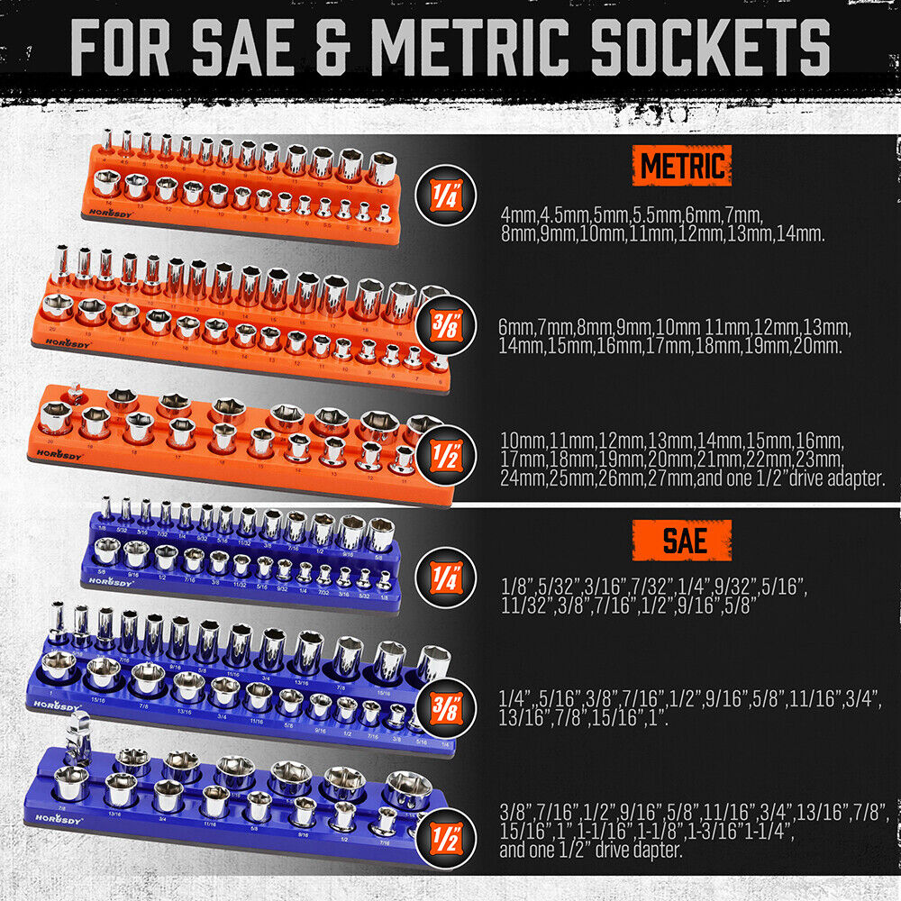 6-piece magnetic socket organizer set with orange and blue holders for SAE and metric sockets