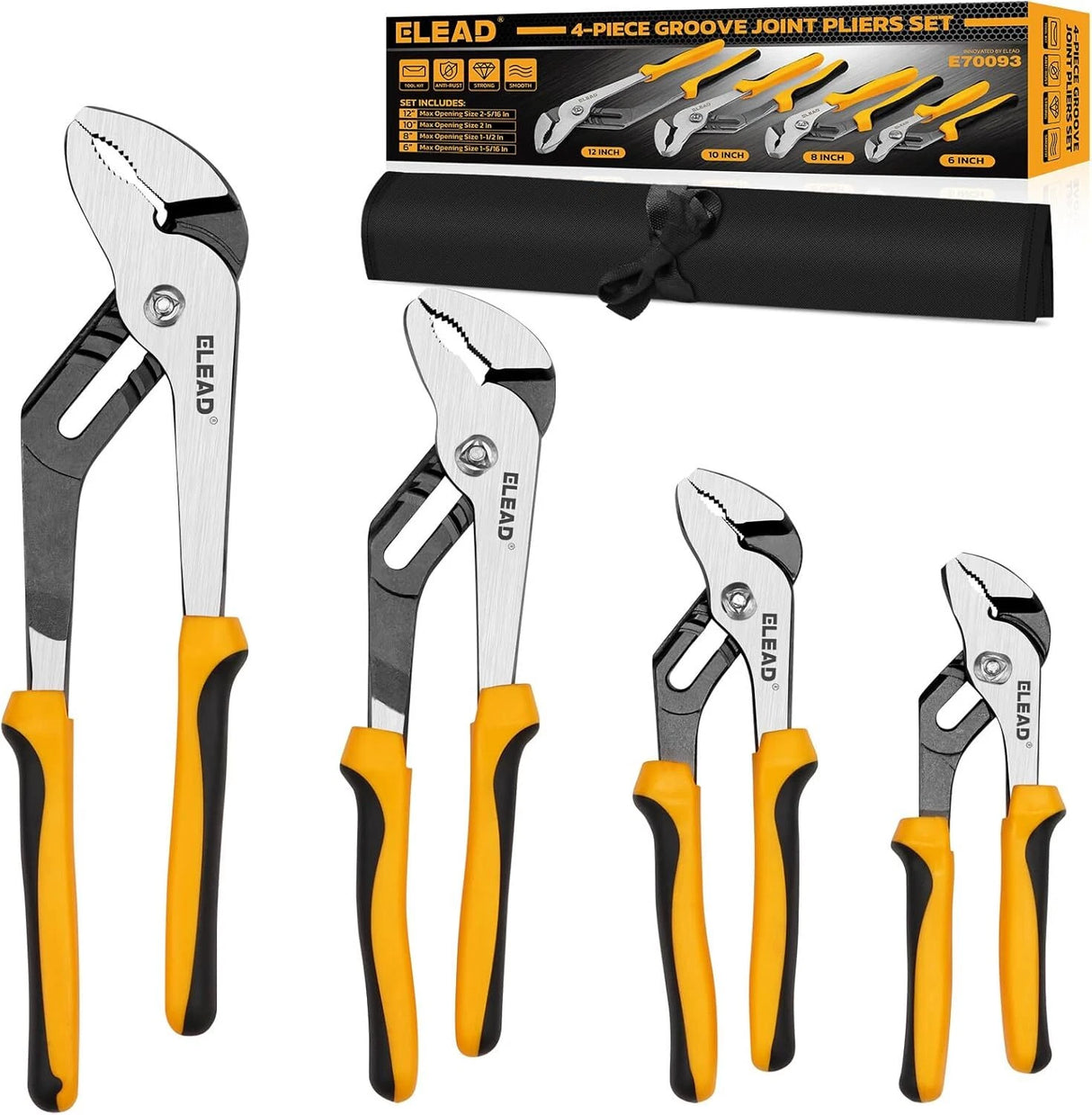 ELEAD 4-piece adjustable groove joint pliers set with ergonomic non-slip handles, roll-up storage bag, and multiple jaw sizes for versatile gripping.