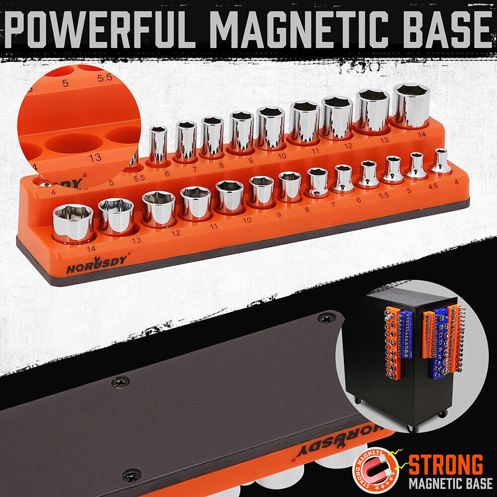 6-piece magnetic socket organizer set with orange and blue holders for SAE and metric sockets