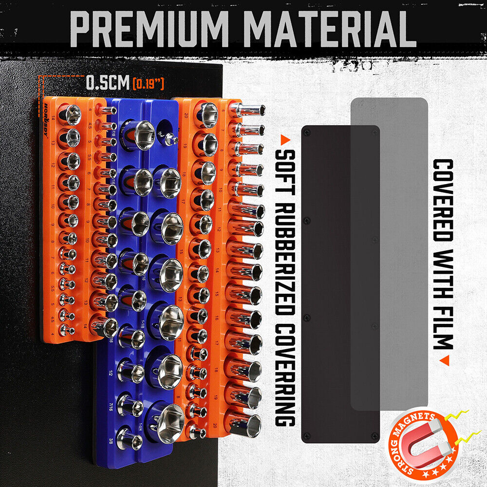 6-piece magnetic socket organizer set with orange and blue holders for SAE and metric sockets