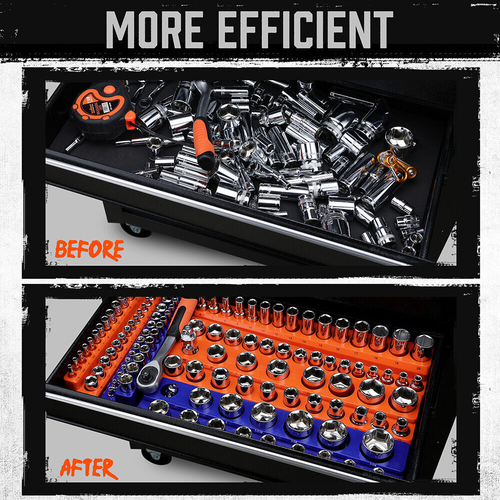 6-piece magnetic socket organizer set with orange and blue holders for SAE and metric sockets