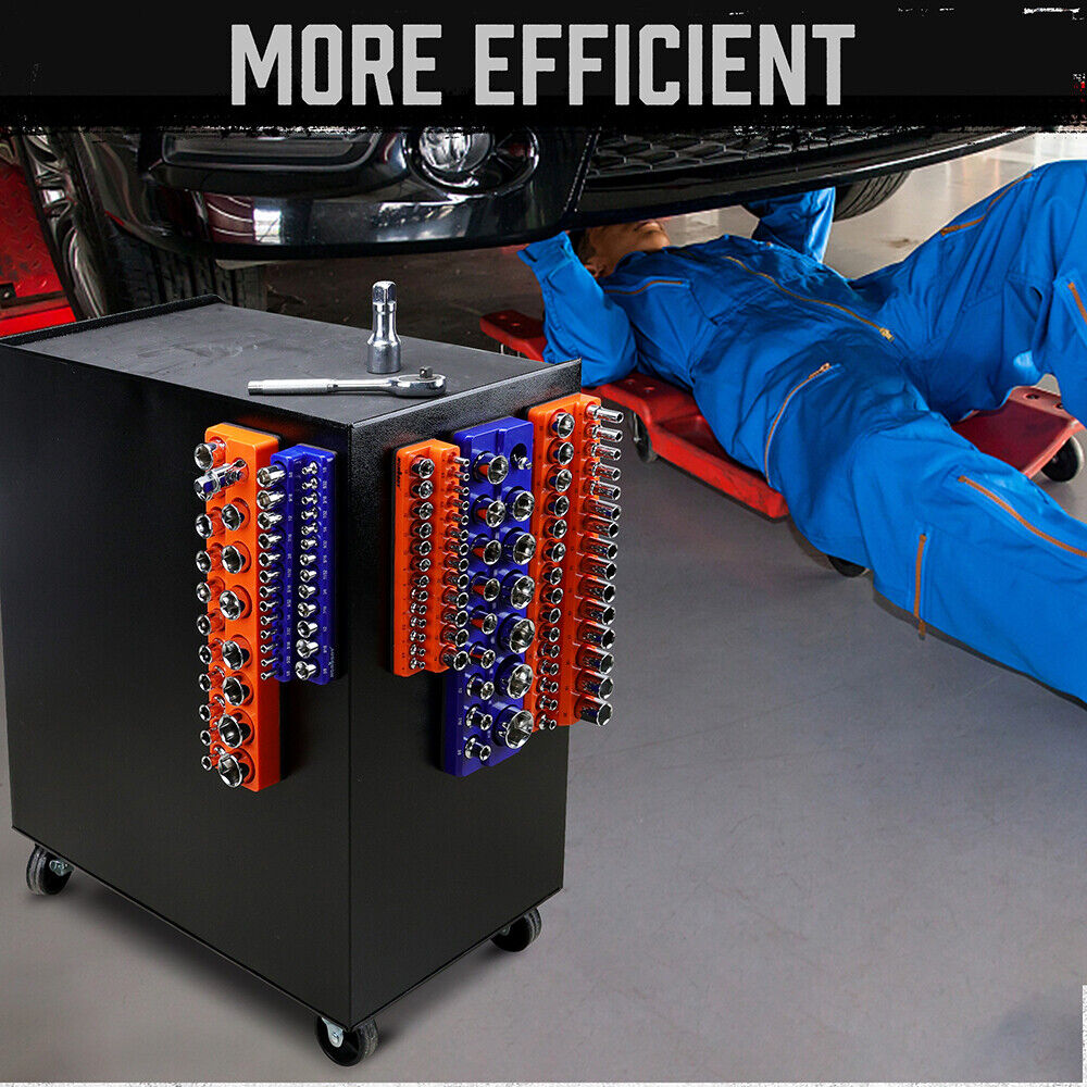 6-piece magnetic socket organizer set with orange and blue holders for SAE and metric sockets