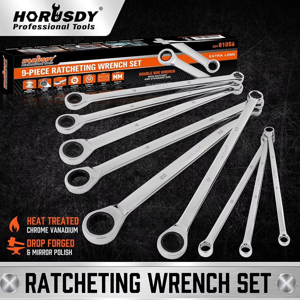 HORUSDY 9Pc Aviation Extra Long Spanner Set - Double-Ended 8-19mm Ratchet Wrenches with Pouch