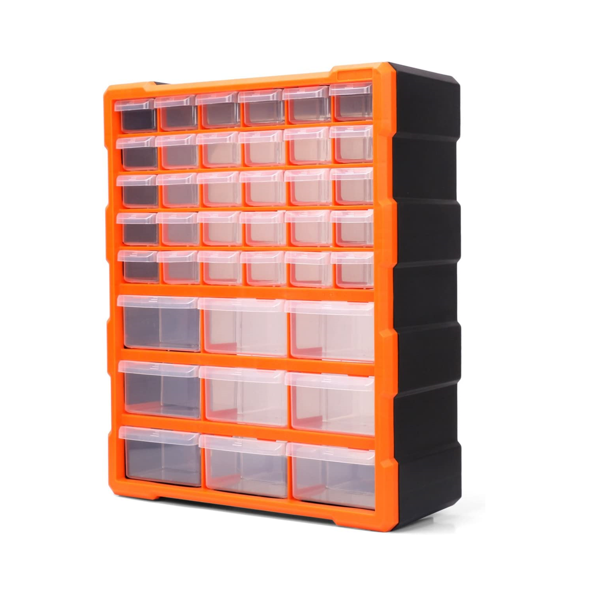 Heavy-duty 39-drawer cabinet set with anti-skid pads, mounting options and durable build for functionally organizing high volumes of tools, parts and industrial/commercial supplies in work environments.