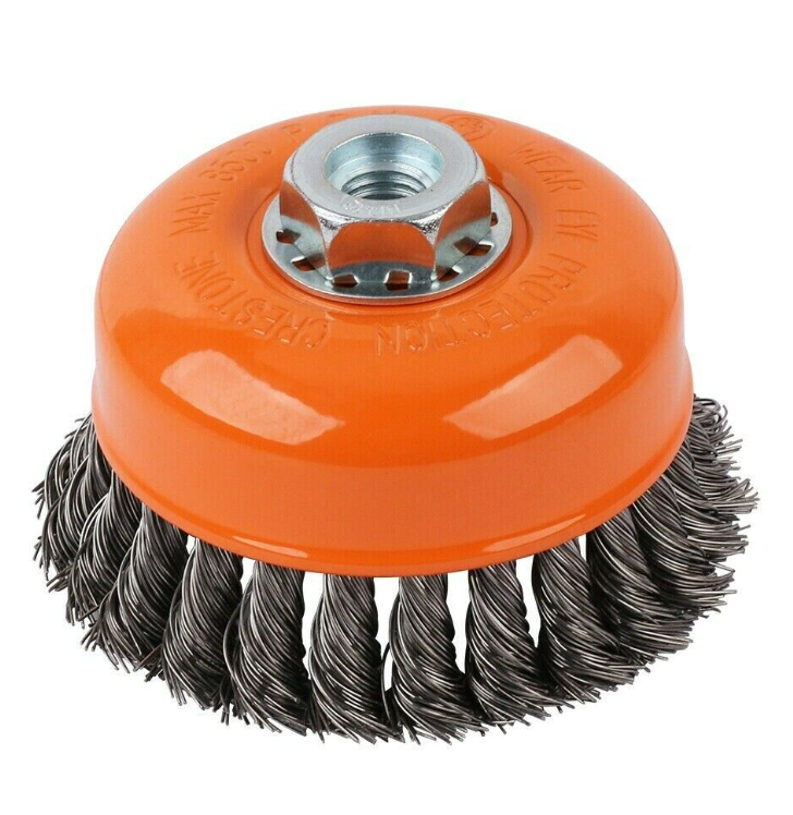 Durable 3-inch twist knot steel wire wheel cup brush for removing rust, weld scale, and burrs with M14 fitting.