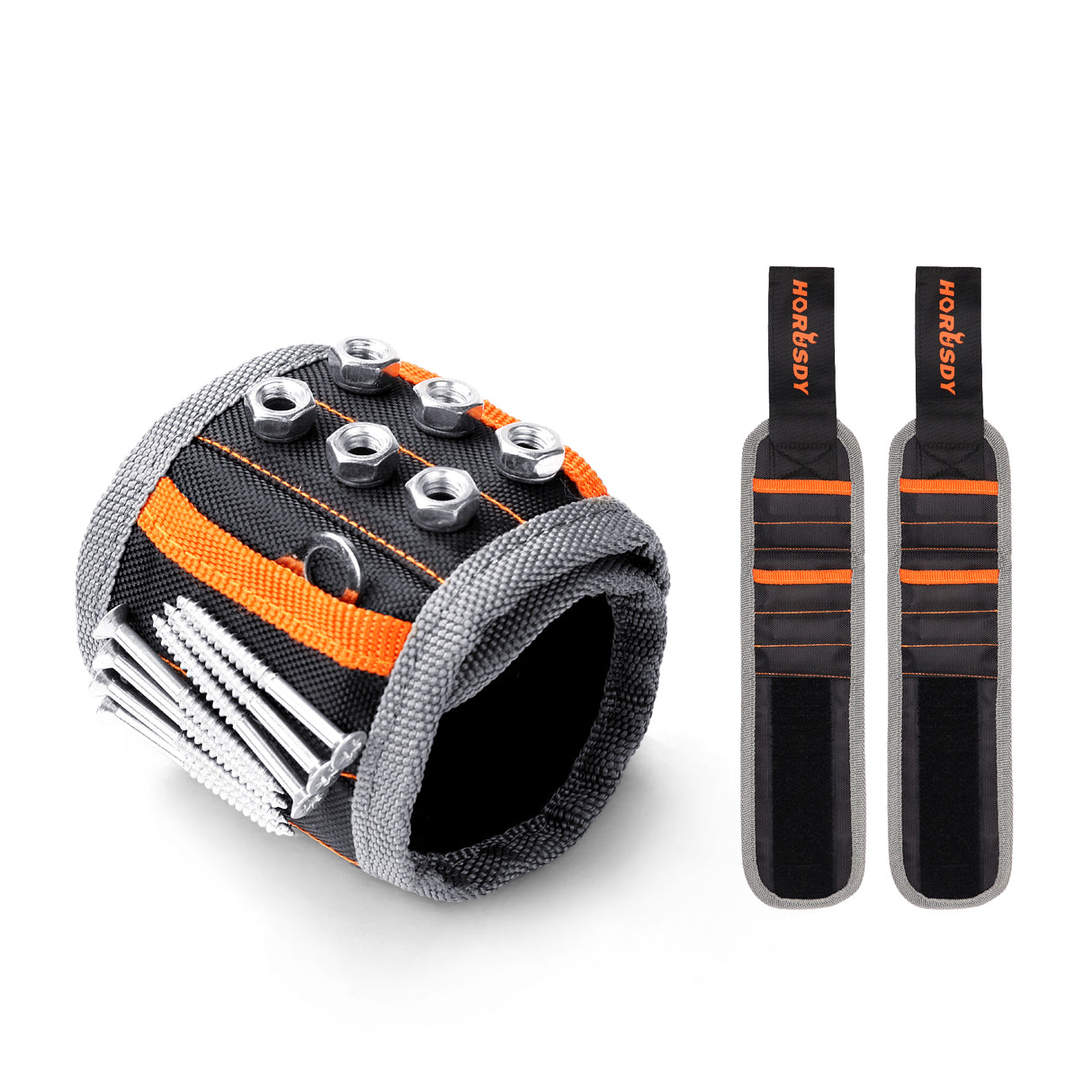 Adjustable magnetic wristband with strong magnets for securing screws, bolts, and nails.