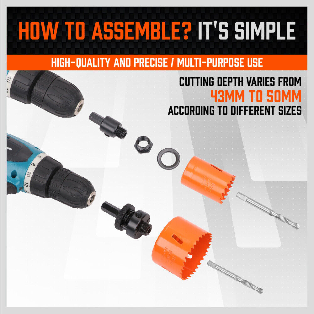 16-piece bi-metal hole saw set for precise cutting on metal, wood, gypsum, PVC, and plastic, with various sizes and durable construction