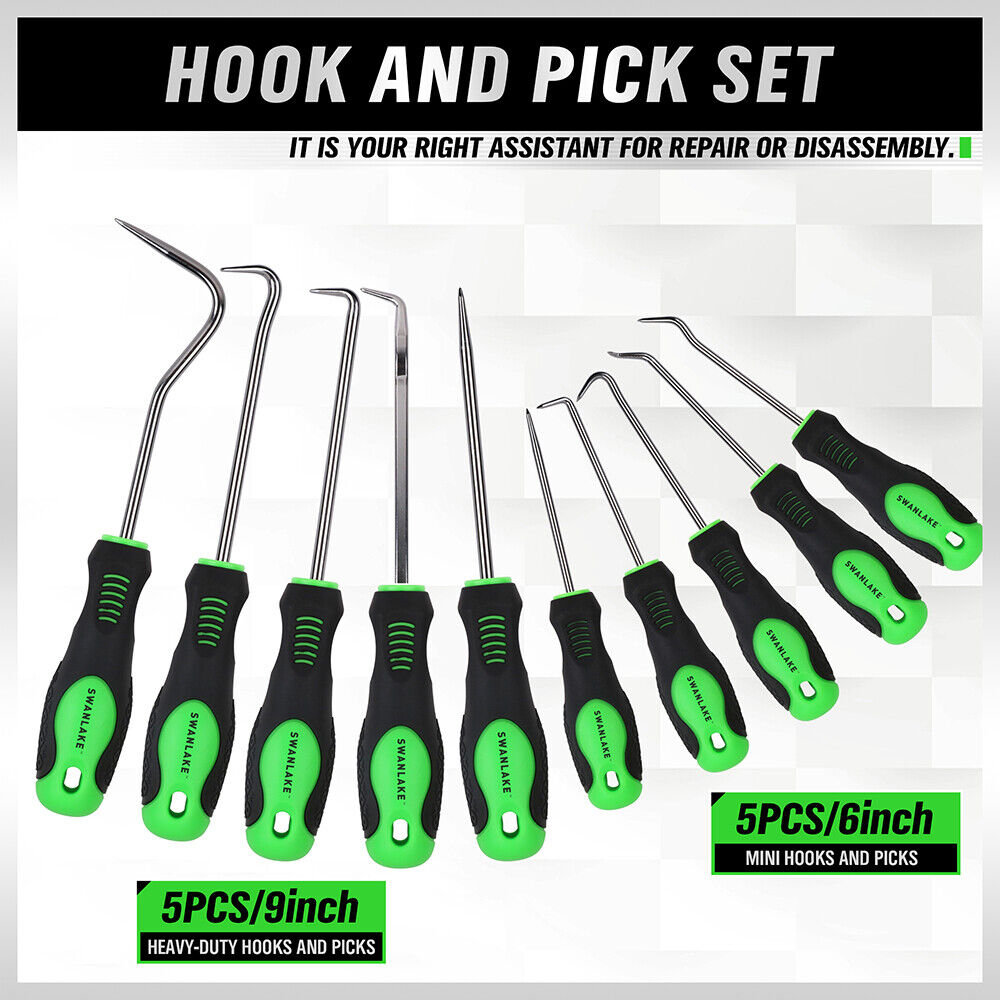 SWANLAKE 10-Piece Pick and Hook Set with CR-V Steel Shafts, Non-Slip Handles, and Storage Pouch for Automotive and Electronics Use