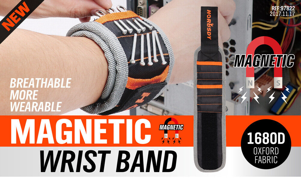 Adjustable magnetic wristband with strong magnets for securing screws, bolts, and nails.