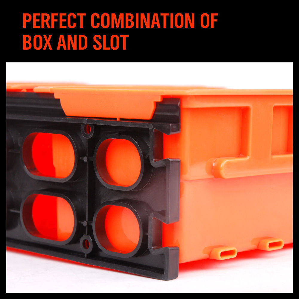 Robust Wall Mounted Bins Rack featuring 8 orange stackable plastic storage trays and 3 plastic racking, ideal for organizing small parts, tools, fishing tackle, and craft supplies. Designed to mount easily on pegboard, slot wall, or wooden studs, offering a versatile and space-saving solution for any workshop, garage, or hobby room