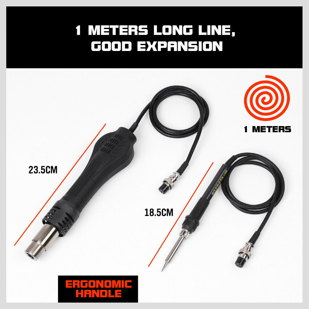 Professional 2-in-1 soldering and desoldering station equipped with a precision hot air gun and soldering iron, featuring dual digital LCD displays for accurate temperature control