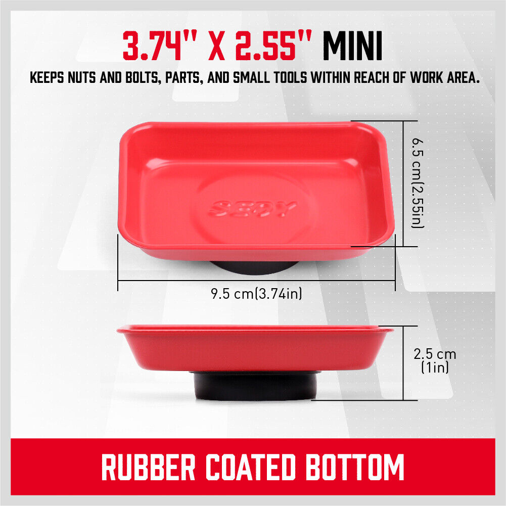 Four-piece Magnetic Parts Holder Set featuring a wristband and three trays in different sizes and shapes. Includes one mini rectangular tray, one large round bowl, and one large rectangular tray, all made of solid stainless steel with strong magnets for secure tool holding
