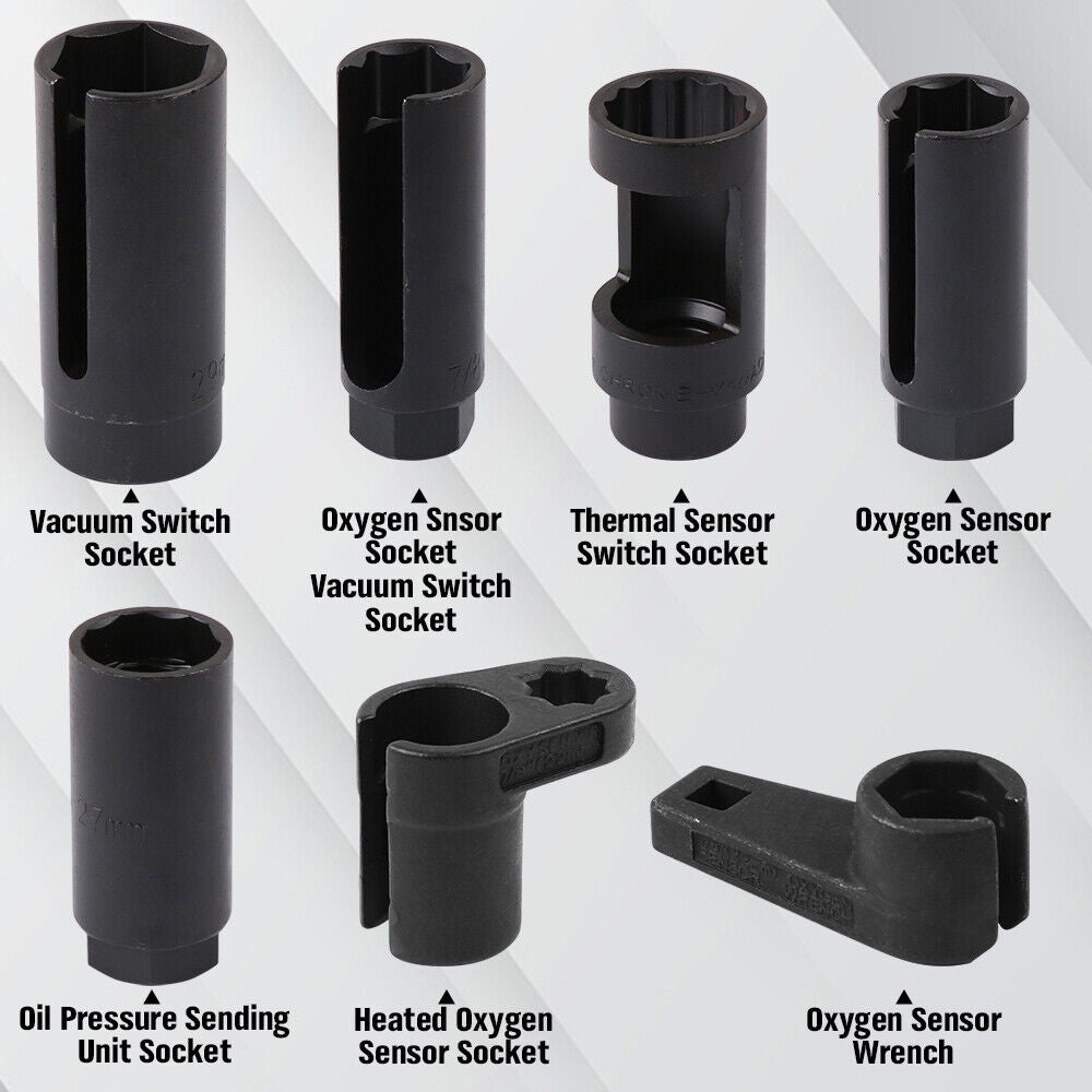 Professional 7-Piece 1/2" Drive Car Oxygen Sensor and Injector Socket Set - Chromium Vanadium Steel, Includes Storage Case