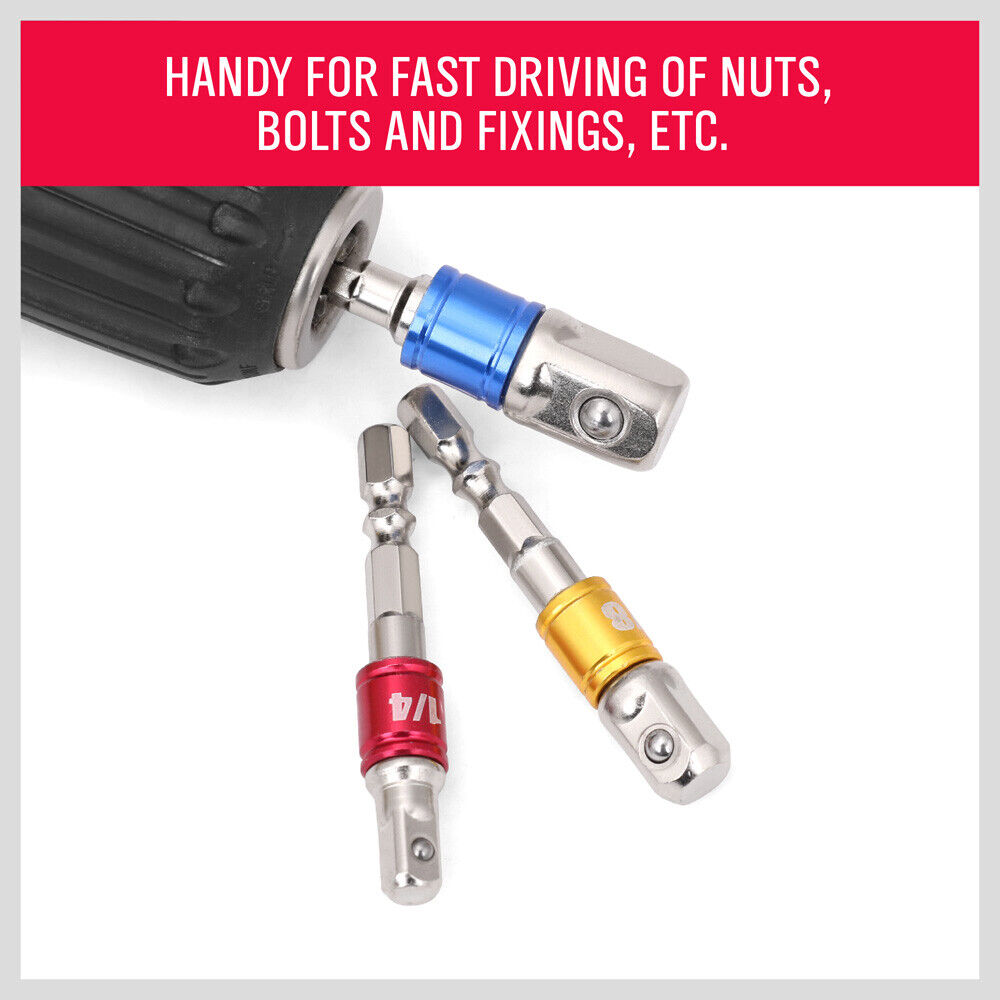 Versatile 3-piece socket adapter set converting 1/4", 3/8", 1/2" square drive to hex shank for drills.