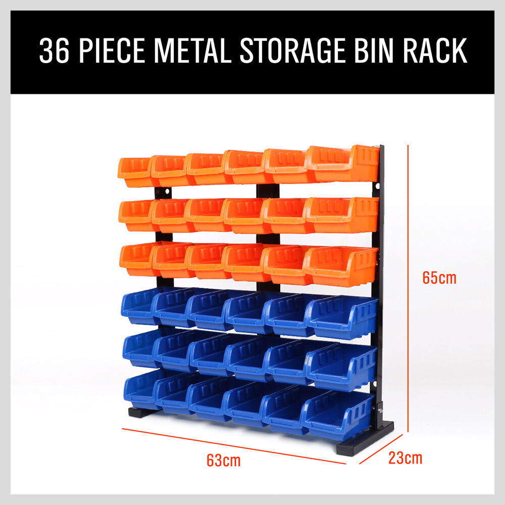 Wall-mounted bin storage rack with 36 detachable bins for organized workshop tools and accessories.