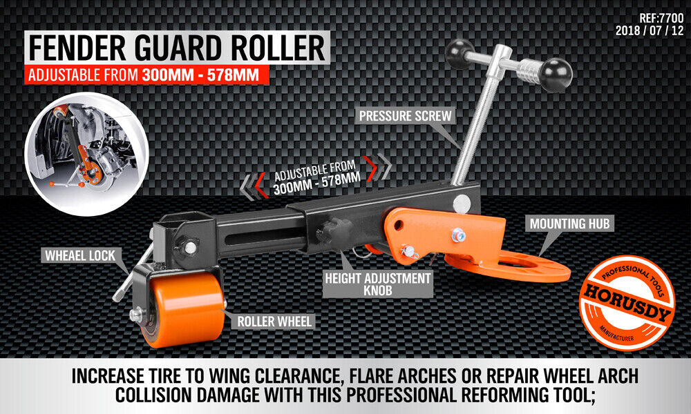 Professional Vehicle Fender Roller, a vital tool for auto repair, featuring an iron body for optimal hardness. Fully adjustable arm for gradual pull or push, versatile for a range of vehicle fender repairs. Includes 5 conical lug nut rings and a manual, with a minimum length of 300mm and a maximum of 578mm, weighing 6.8kg