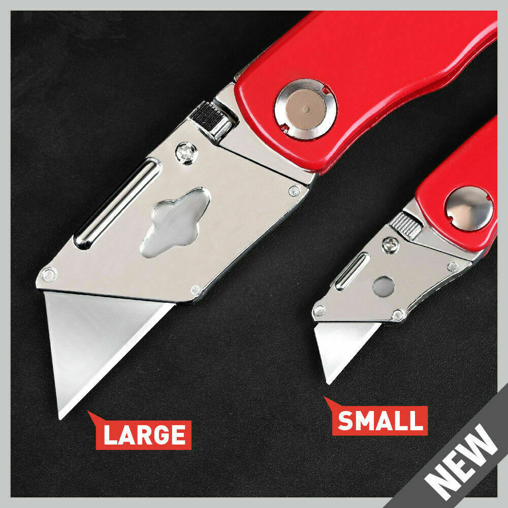 Two folding utility knives with aluminium handles and ten additional Stanley blades for crafts and DIY tasks.