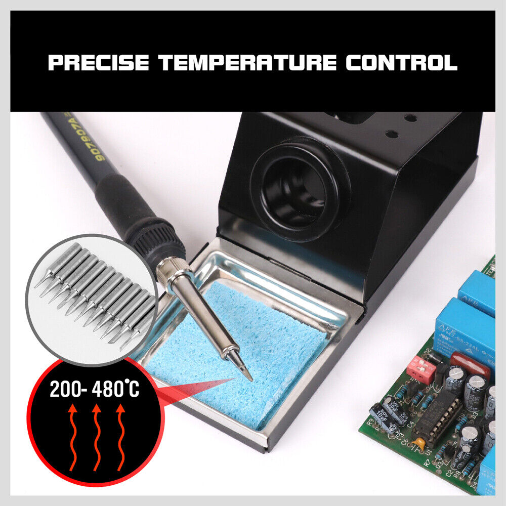 Professional 2-in-1 soldering and desoldering station equipped with a precision hot air gun and soldering iron, featuring dual digital LCD displays for accurate temperature control