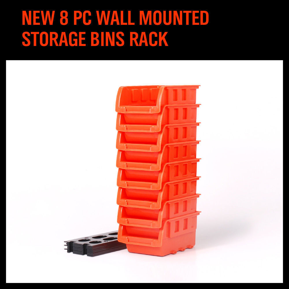 Robust Wall Mounted Bins Rack featuring 8 orange stackable plastic storage trays and 3 plastic racking, ideal for organizing small parts, tools, fishing tackle, and craft supplies. Designed to mount easily on pegboard, slot wall, or wooden studs, offering a versatile and space-saving solution for any workshop, garage, or hobby room