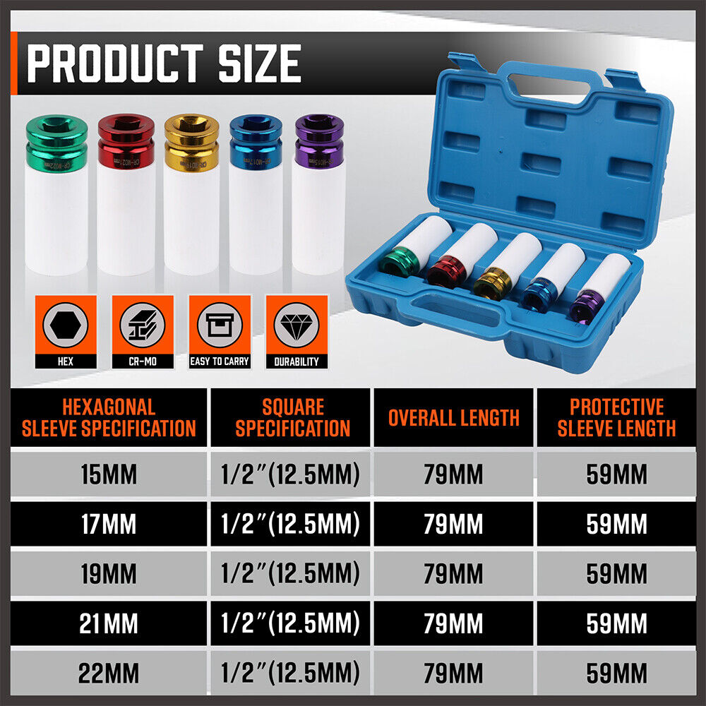 HORUSDY 5-Piece Impact Socket Set - Includes 15, 17, 19, 21, 22mm Sockets with 1/2 Inch Drive and Protective Nylon Sleeves for Alloy Wheels, in Color-Coded Design