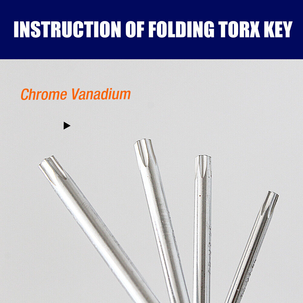 Durable Folding Torx Star Key Set - Chrome Vanadium Steel Construction, T6-T30 Sizes, with Corrosion-Resistant Aluminum Holder