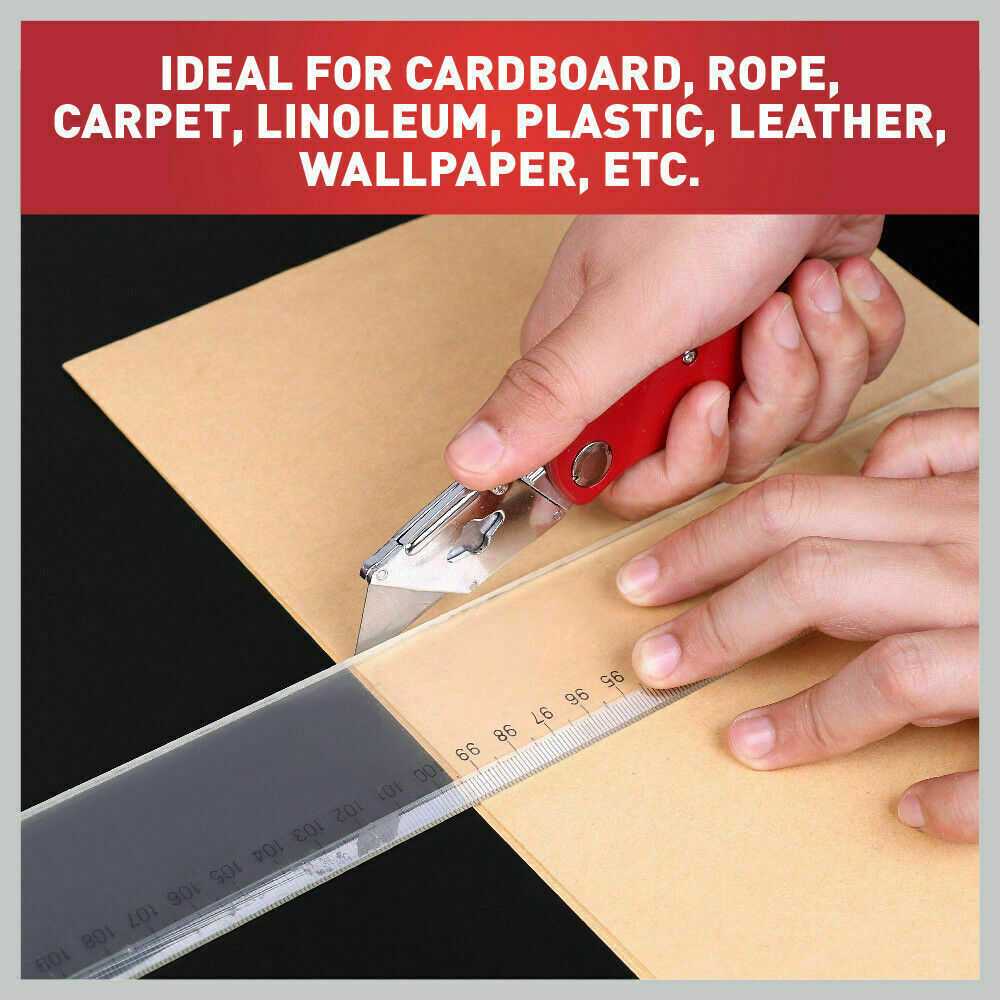 Two folding utility knives with aluminium handles and ten additional Stanley blades for crafts and DIY tasks.