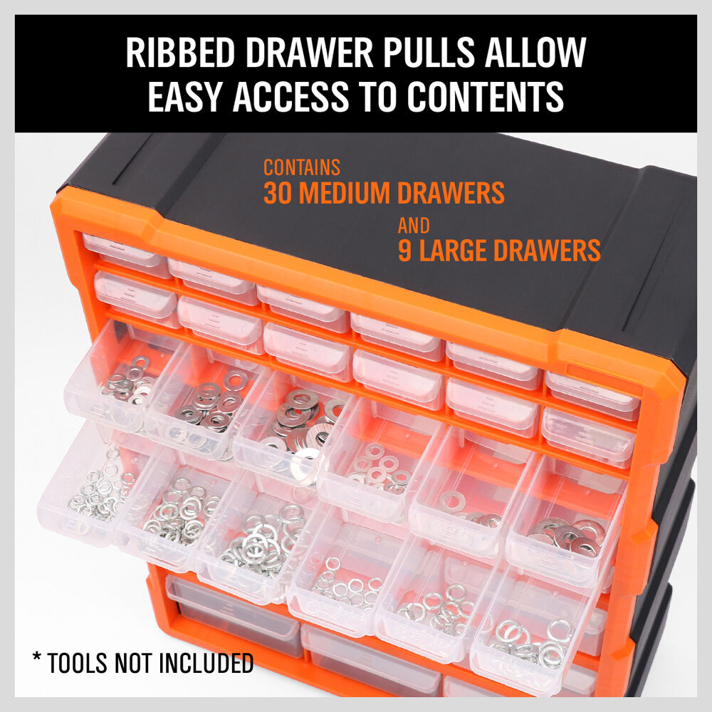 Heavy-duty 39-drawer cabinet set with anti-skid pads, mounting options and durable build for functionally organizing high volumes of tools, parts and industrial/commercial supplies in work environments.